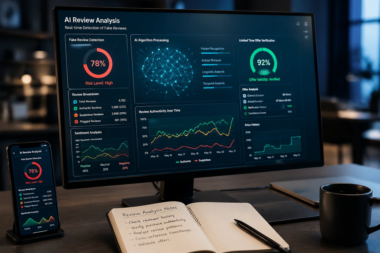A workspace with a computer screen showing data visualizations and graphs related to AI analyzing online product reviews.