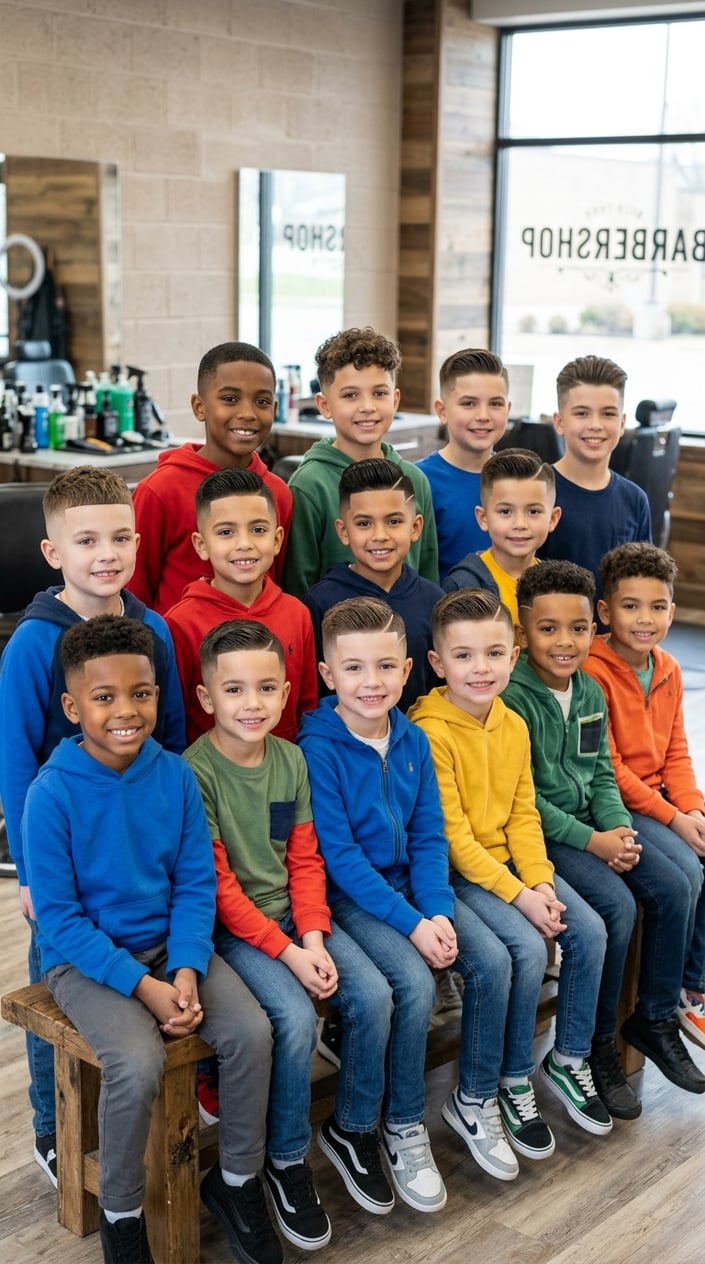 13 Kids' Fade Haircut Styles for Parents Tired of the Same Bowl Cut 2 A group of young boys with various fresh haircuts standing together in a bright barbershop.