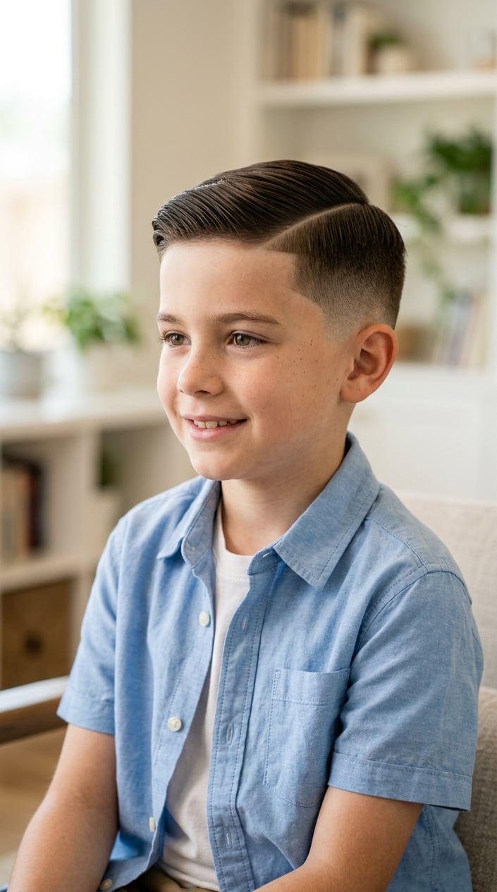 13 Kids' Fade Haircut Styles for Parents Tired of the Same Bowl Cut 3 A young boy with a neat haircut smiling against a blurred neutral background.