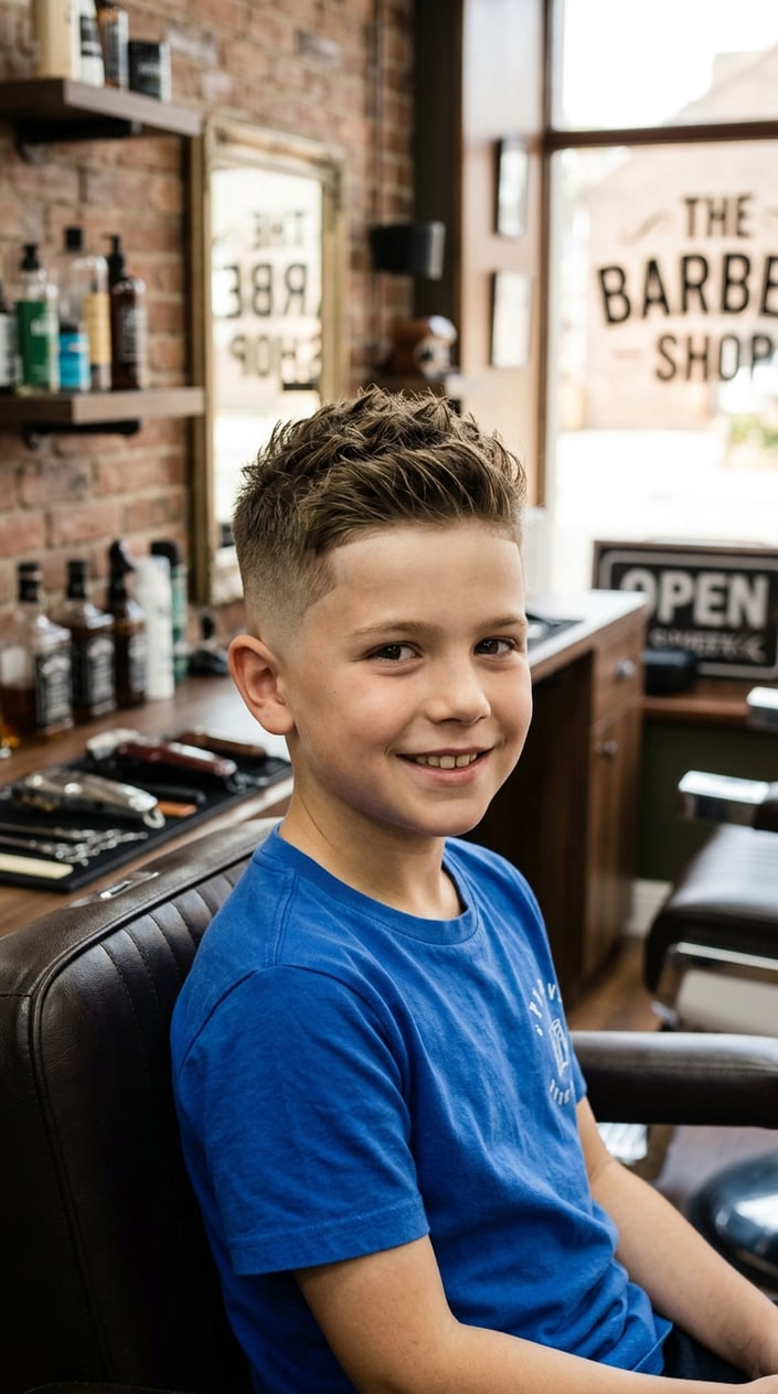 13 Kids' Fade Haircut Styles for Parents Tired of the Same Bowl Cut 4 A young boy with a fresh haircut smiling inside a modern barbershop.