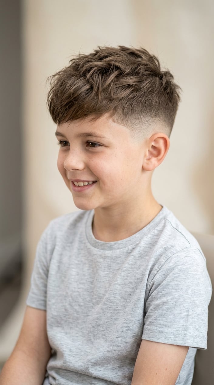 13 Kids' Fade Haircut Styles for Parents Tired of the Same Bowl Cut 5 A young boy with short hair smiling in a studio setting.