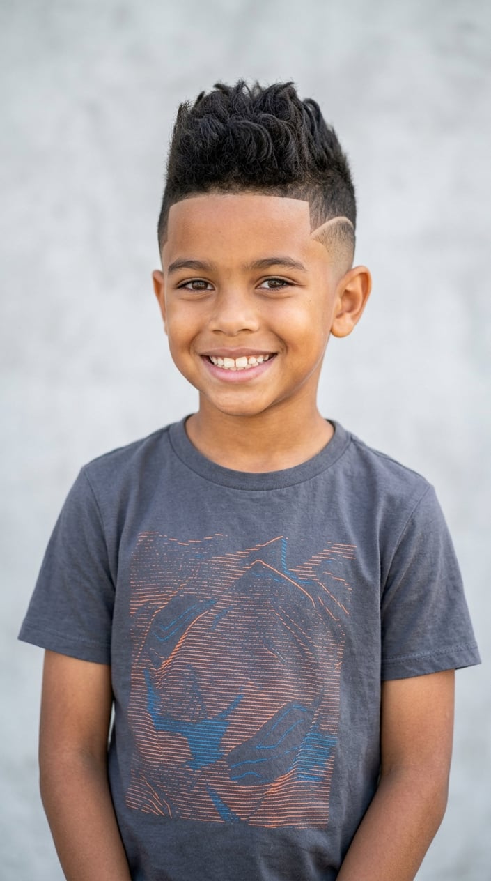 13 Kids' Fade Haircut Styles for Parents Tired of the Same Bowl Cut 6 A young boy smiling with a short haircut that is longer on top and shaved on the sides, standing against a plain background.
