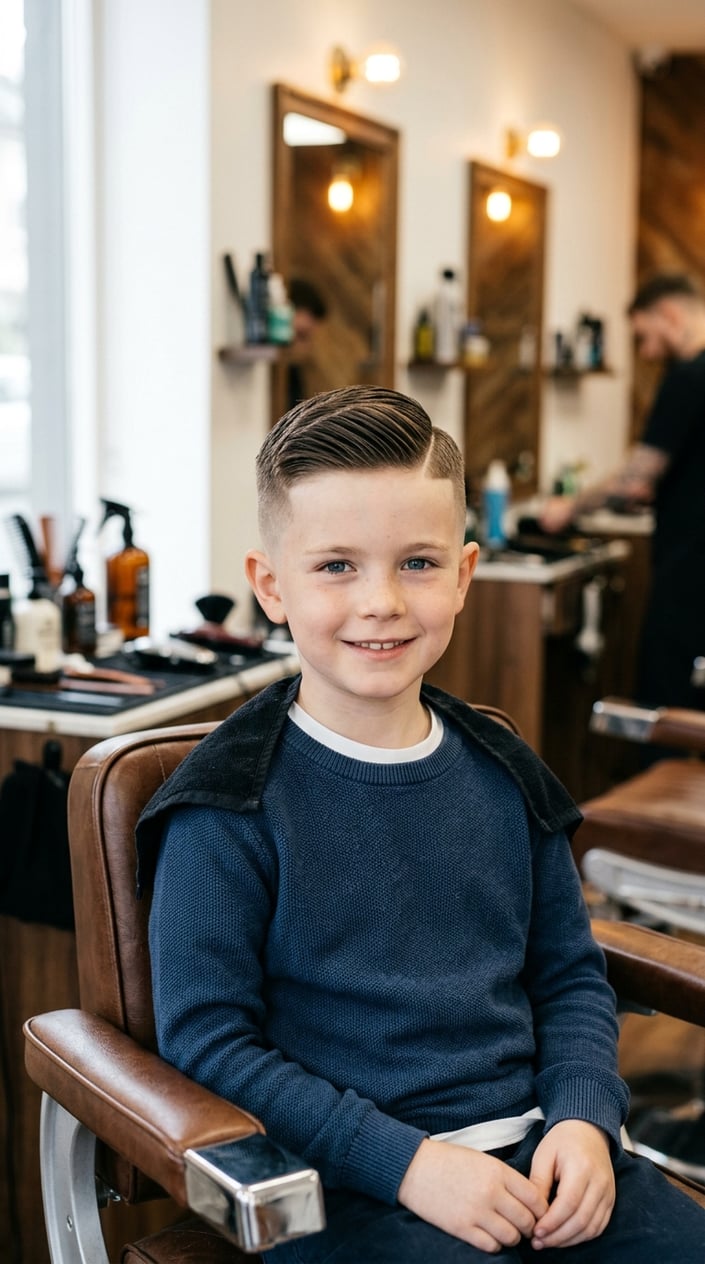 13 Kids' Fade Haircut Styles for Parents Tired of the Same Bowl Cut 7 A young boy with a short haircut sitting in a barbershop, smiling.