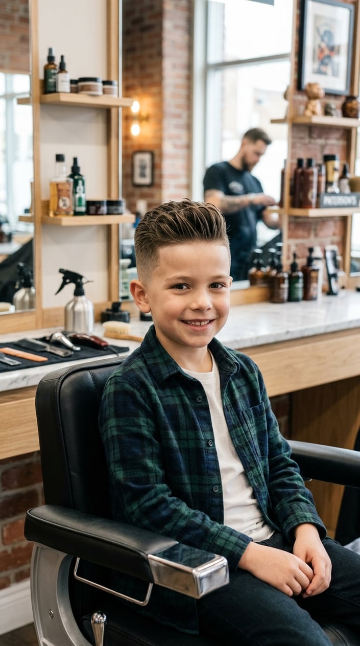 13 Kids' Fade Haircut Styles for Parents Tired of the Same Bowl Cut 8 A young boy sitting in a barbershop chair, smiling with a short styled haircut.