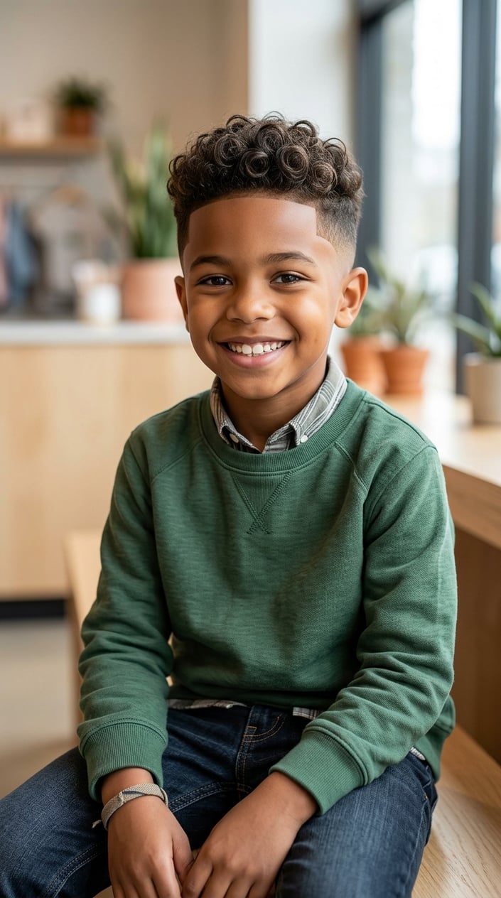 13 Kids' Fade Haircut Styles for Parents Tired of the Same Bowl Cut 9 A young boy with curly hair and a fade haircut smiling against a neutral background.