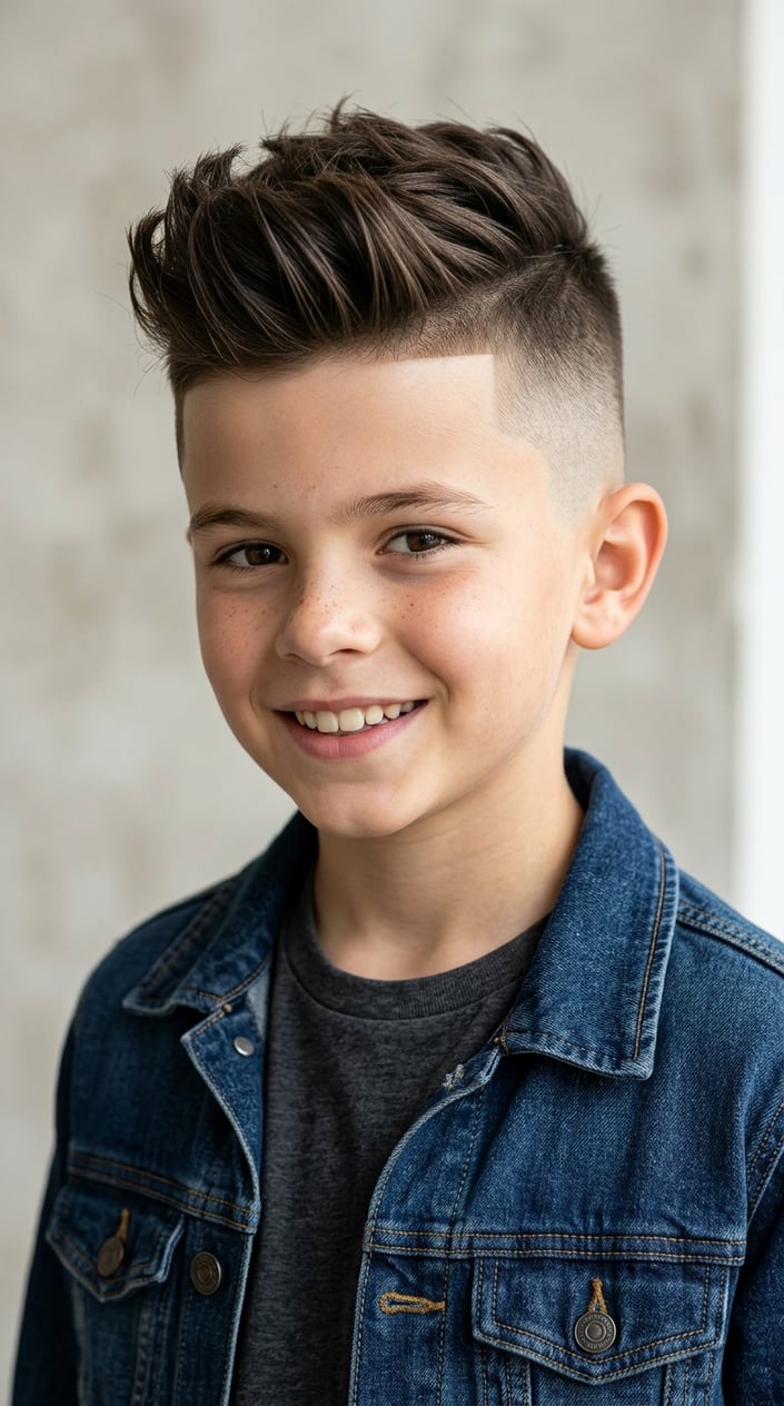 13 Kids' Fade Haircut Styles for Parents Tired of the Same Bowl Cut 10 A young boy smiling, showing a short haircut with shaved sides and longer hair on top.
