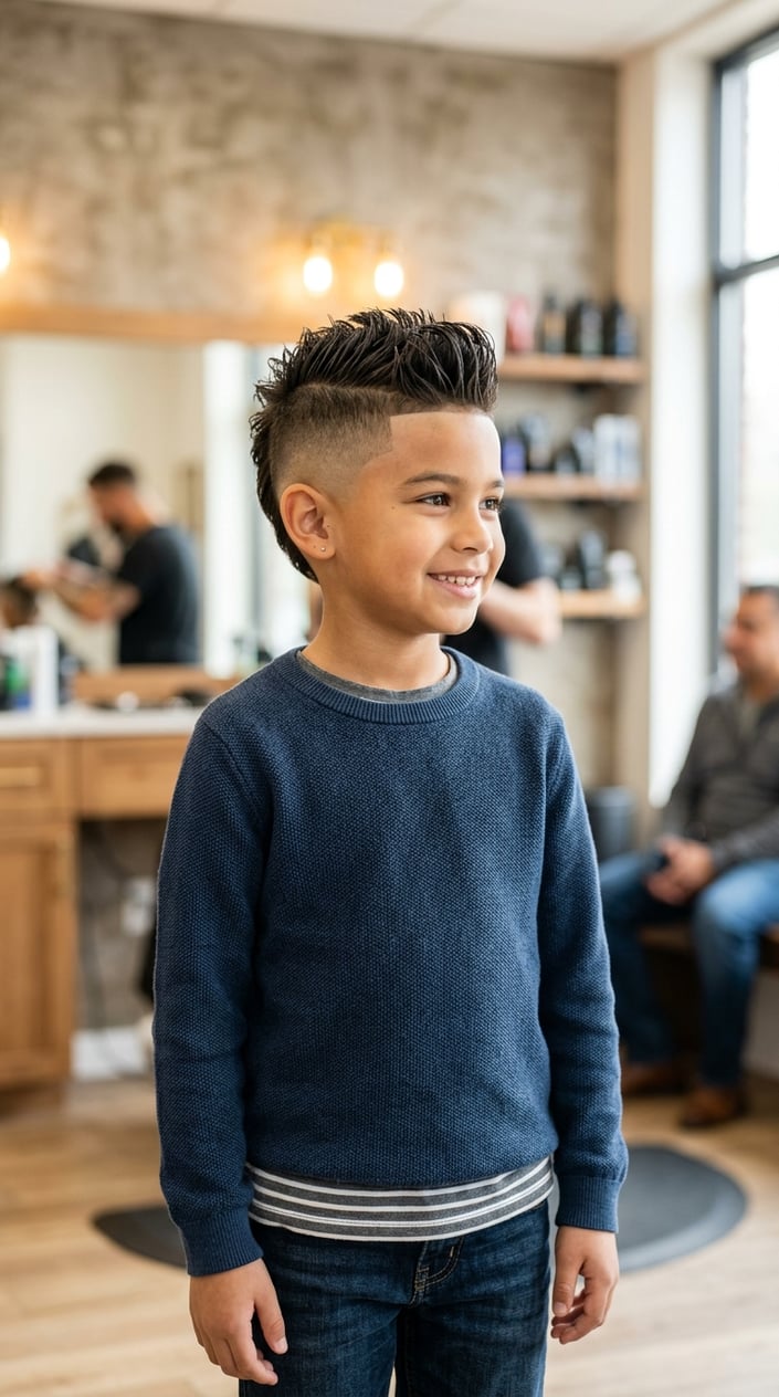 13 Kids' Fade Haircut Styles for Parents Tired of the Same Bowl Cut 11 A young boy with a fade haircut and faux hawk strip smiling indoors.