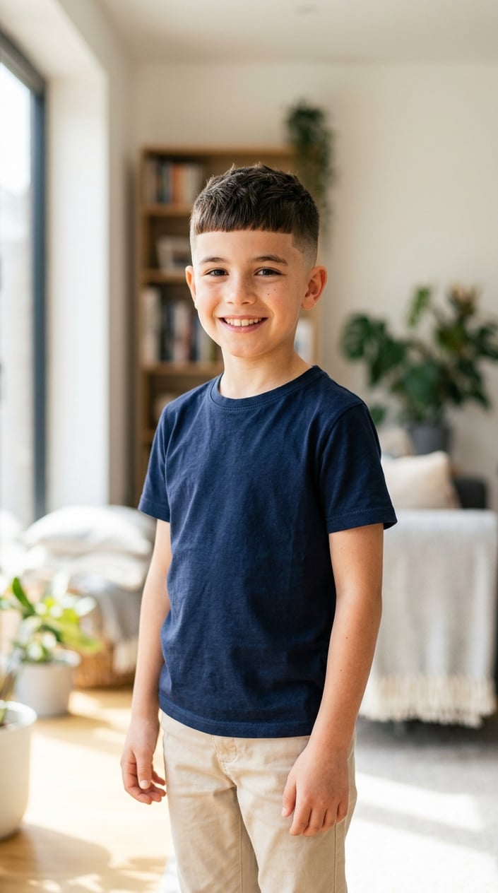 13 Kids' Fade Haircut Styles for Parents Tired of the Same Bowl Cut 12 A young boy with a fresh haircut smiling indoors.