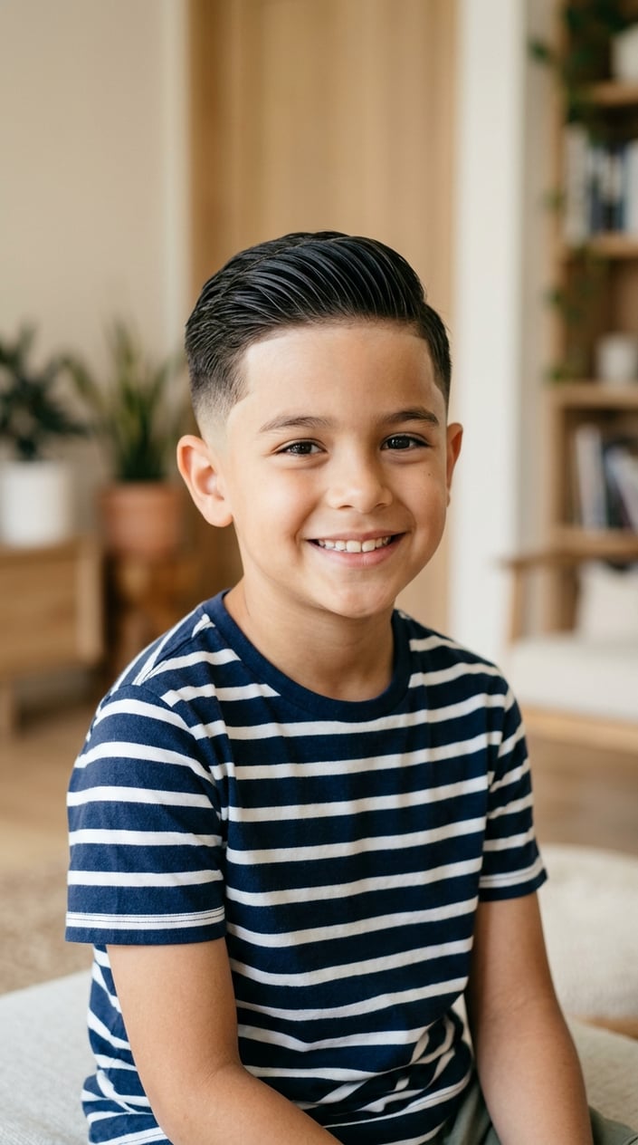 13 Kids' Fade Haircut Styles for Parents Tired of the Same Bowl Cut 13 A young boy with a short haircut smiling against a plain background.