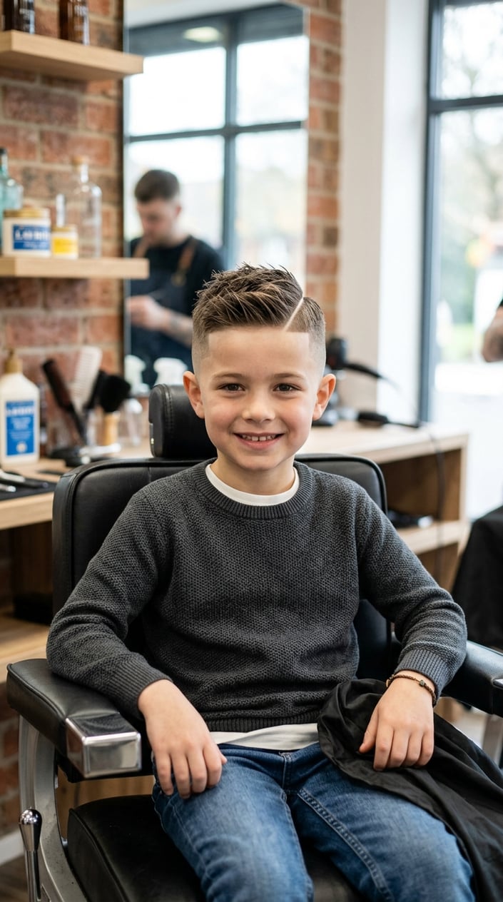 13 Kids' Fade Haircut Styles for Parents Tired of the Same Bowl Cut 14 A young boy with a short haircut featuring a fade and a sharp part line, sitting and smiling in a bright barbershop.