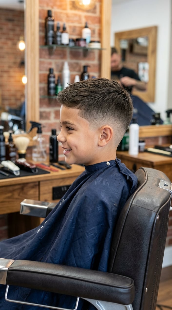13 Kids' Fade Haircut Styles for Parents Tired of the Same Bowl Cut 15 A young boy sitting in a barbershop chair with a fresh haircut featuring a smooth fade and neatly trimmed hair on top.