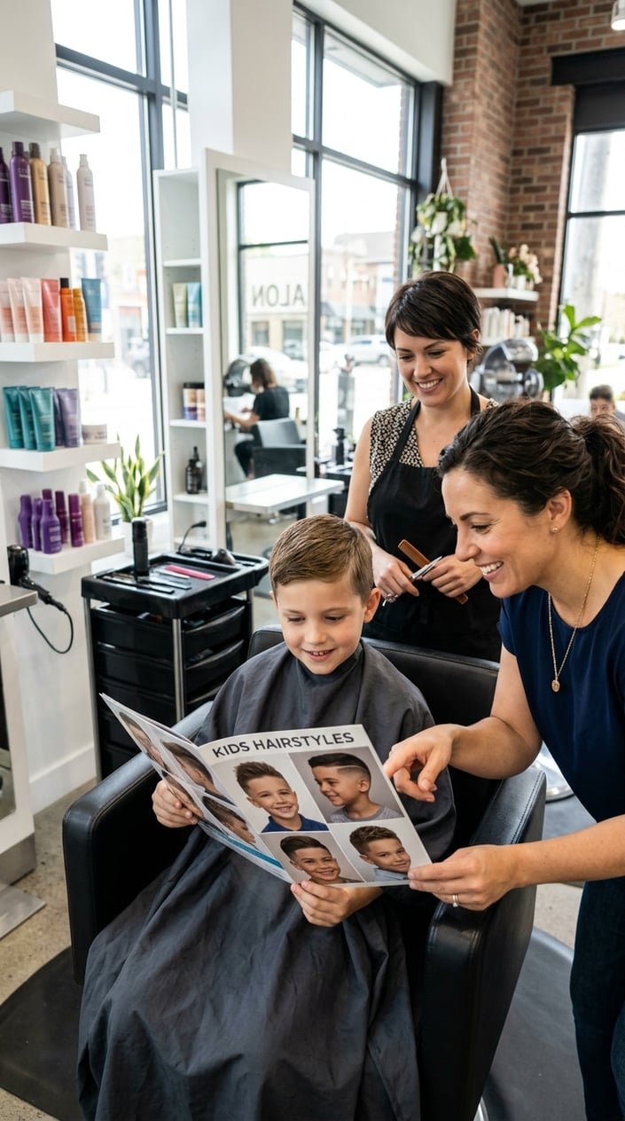 13 Kids' Fade Haircut Styles for Parents Tired of the Same Bowl Cut 16 A parent encouraging their child at a hair salon while a hairstylist prepares to cut the child's hair.