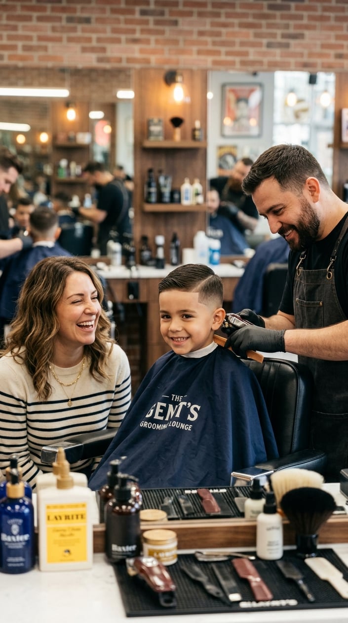13 Kids' Fade Haircut Styles for Parents Tired of the Same Bowl Cut 17 A parent and child smiling together in a barbershop, the child sitting in a barber chair with a fresh haircut.