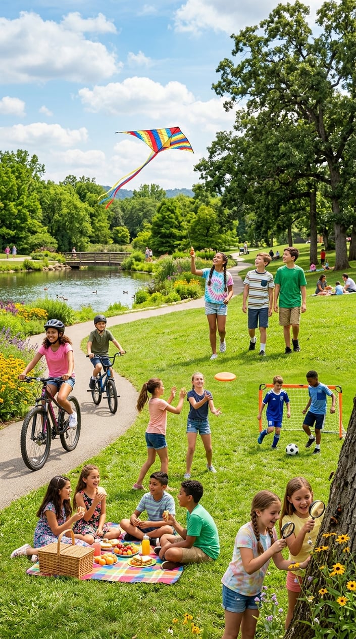 A group of tweens and older kids enjoying outdoor summer activities in a sunny park, flying kites, riding bikes, playing frisbee and soccer, having a picnic, and exploring nature.