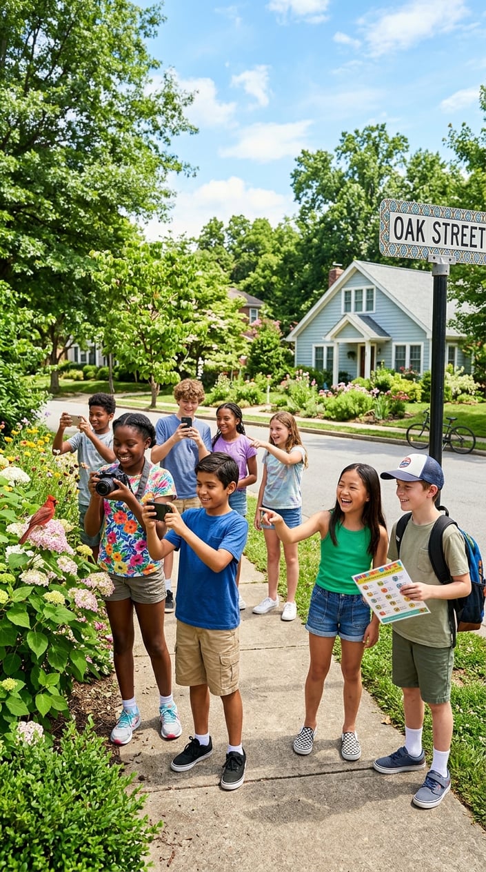 A group of kids participating in a neighborhood scavenger hunt on a sunny day, comparing photos on their phones while walking together outside.