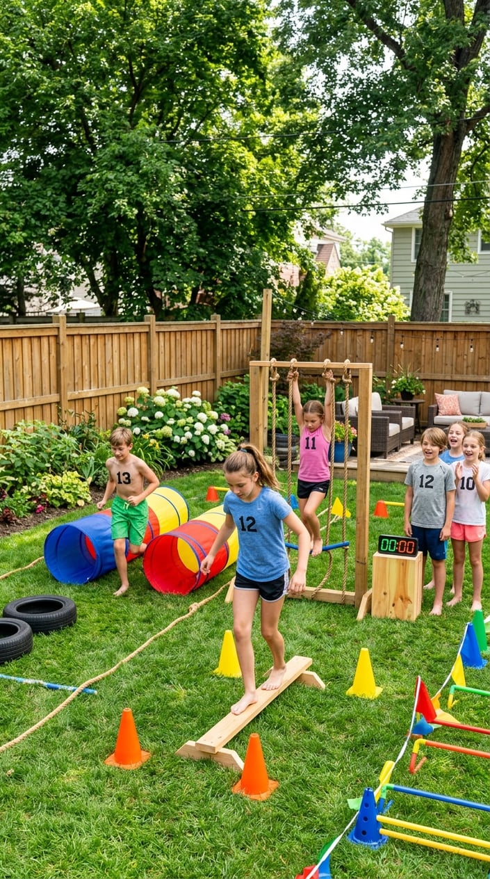 Children playing on a backyard obstacle course with bright orange cones, knotted jump ropes, and a wooden balance beam on a sunny afternoon.
