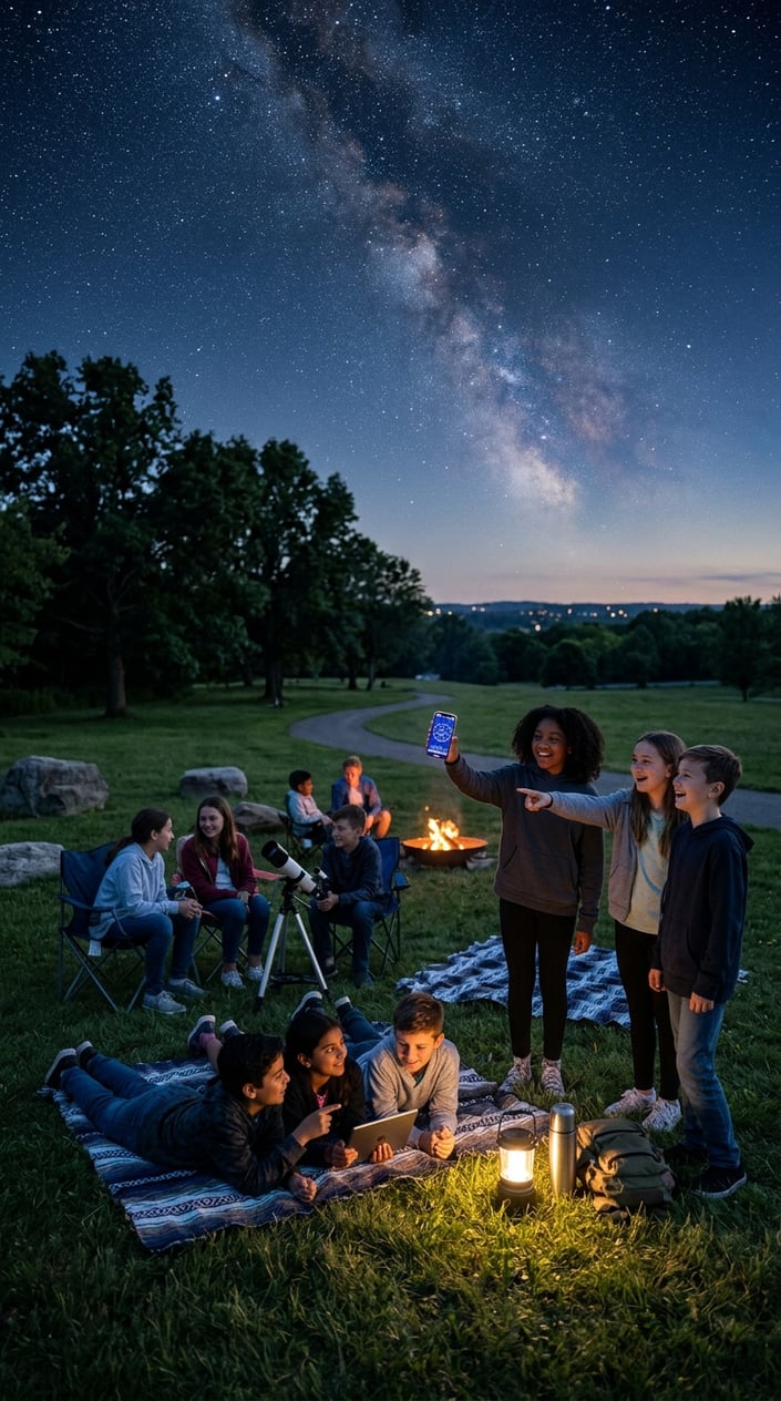 A group of children sitting outdoors at dusk, one holding a smartphone app up toward a darkening sky to identify stars and constellations.