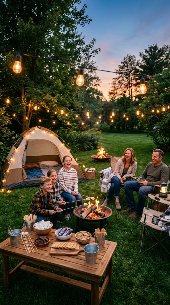 A family gathered around a small backyard fire pit at dusk, children holding long roasting skewers over the flame with a s'mores station spread on a folding table nearby.