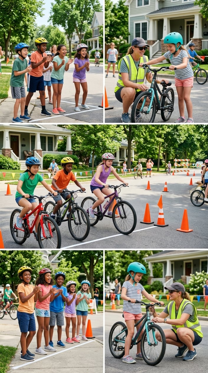 Children wearing bright helmets lining up for a neighborhood bike relay on a sunny street, with an adult crouching beside a bike to check tire pressure.