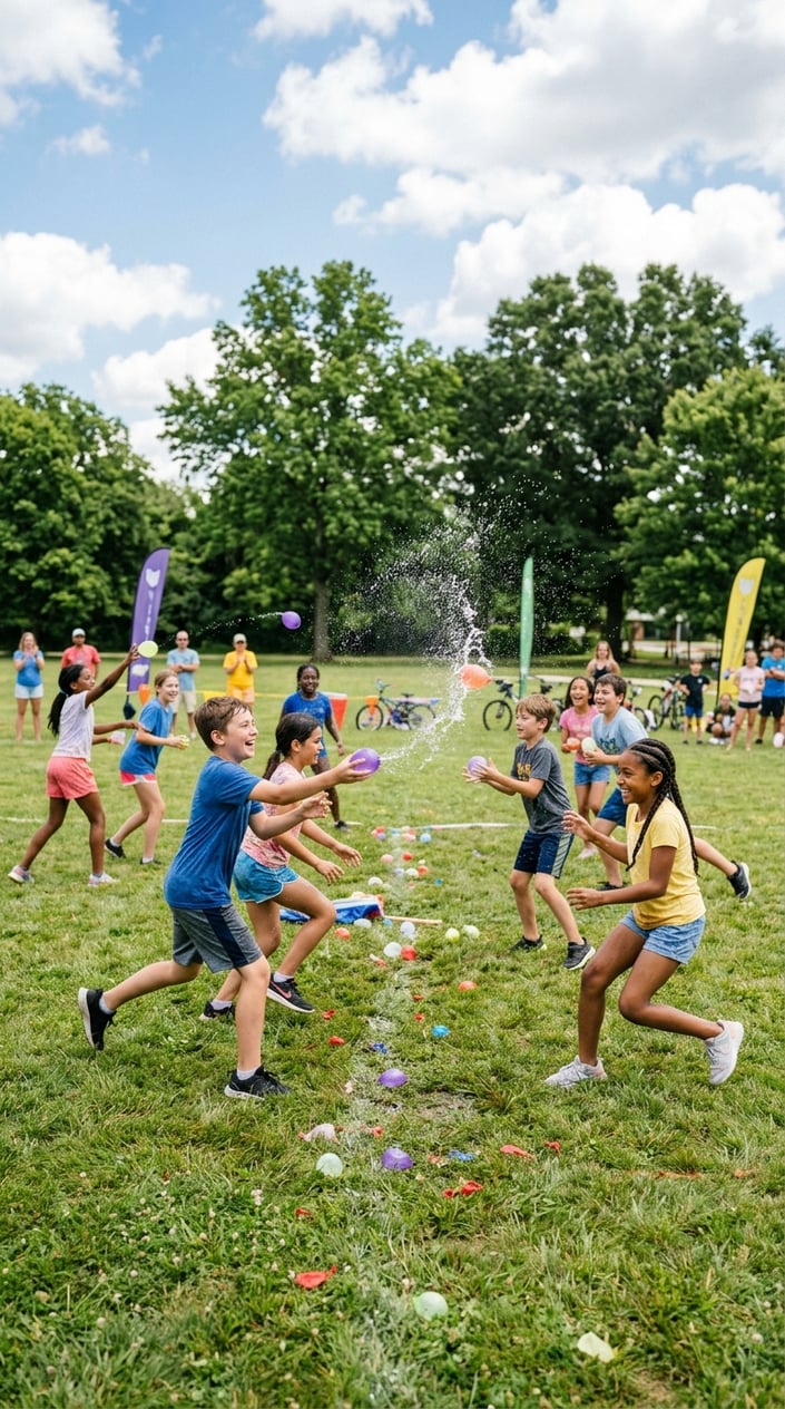 Children mid-throw during a water balloon dodgeball game in a backyard, arms raised and mouths open in laughter on a bright summer afternoon.
