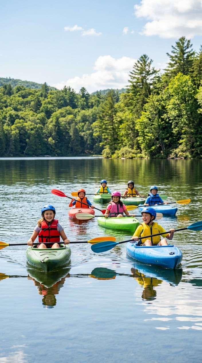 Two children in orange life jackets paddling sit-on-top kayaks side by side on a glassy lake surrounded by green tree lines on a sunny morning.