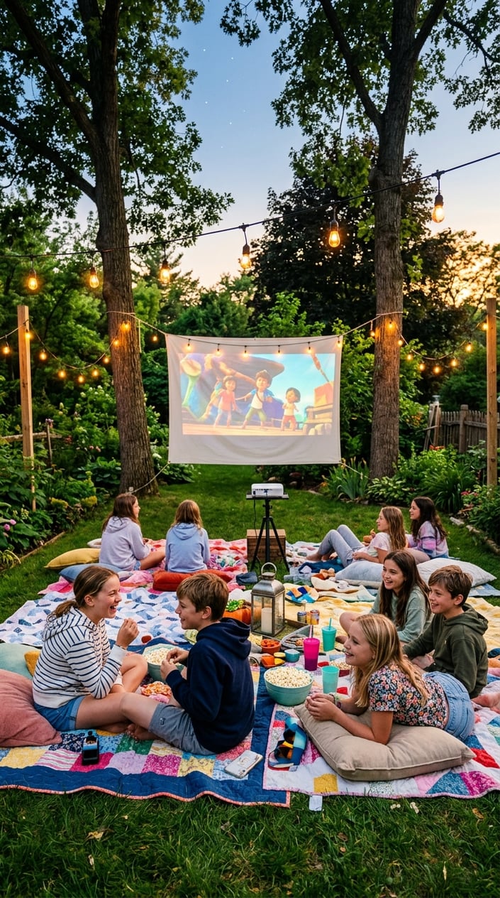Children sitting cross-legged on quilts and pillows in a backyard, faces lit by the glow of a movie projected onto a white sheet strung between two trees at dusk.