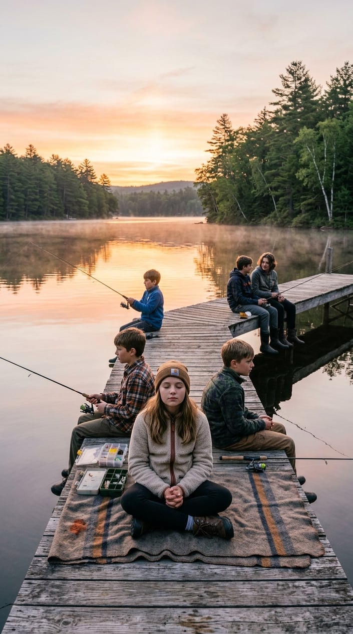 Two boys sitting on a weathered wooden dock, fishing rods dipped into still water, the sky above them pink and gold with early morning light through the trees.