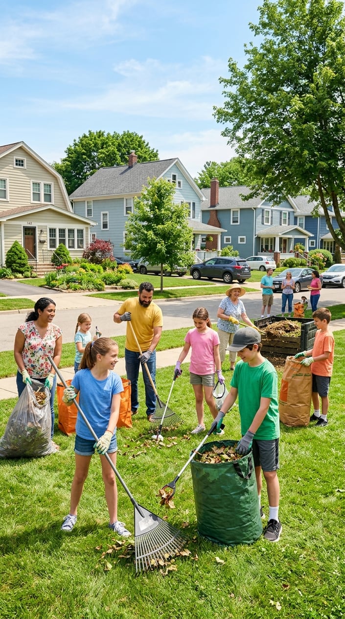 Adults and children working together in a neighbor's front yard on a sunny summer morning, filling black trash bags with leaves while rakes lean against a wooden fence.