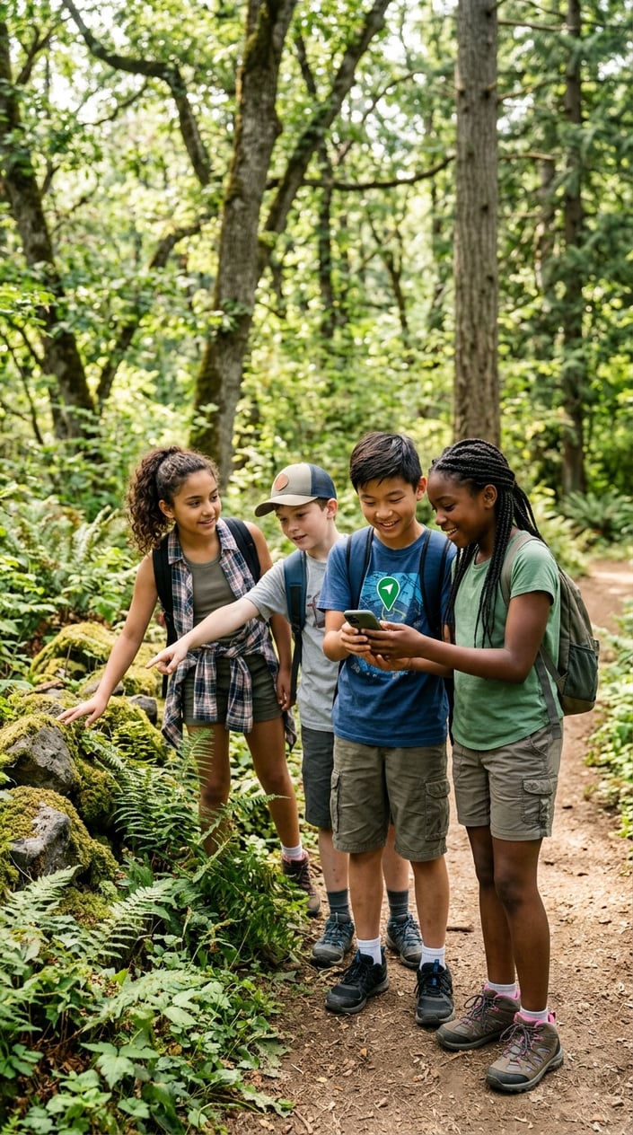 Three kids crouching near the base of a mossy tree in a forest, one holding a smartphone with the geocaching app open, all of them peering at the ground.
