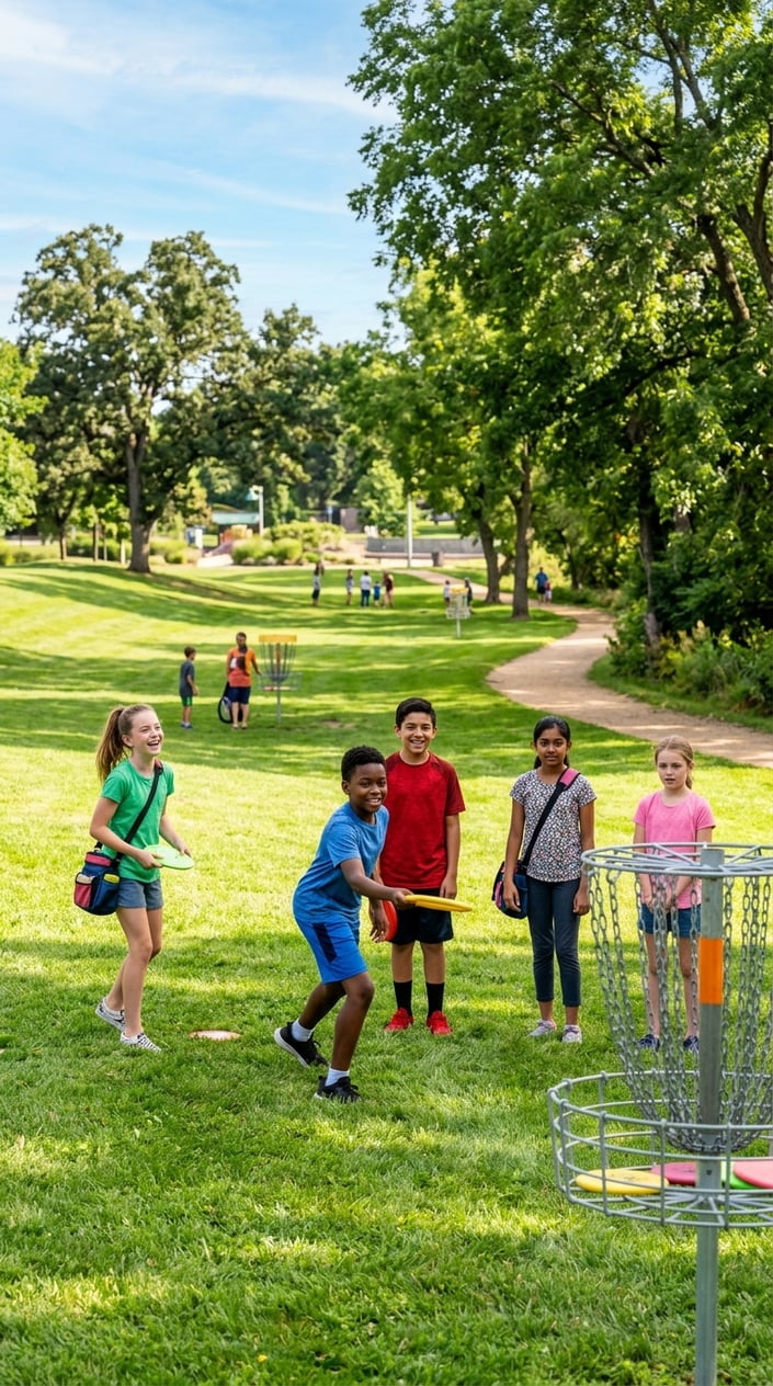 Two boys mid-throw on a grassy disc golf course, one in a red shirt releasing a blue frisbee toward a metal basket goal in the distance.