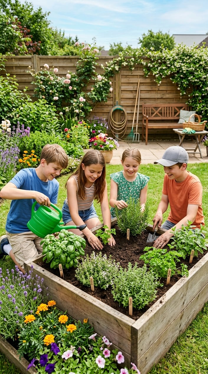 A child pressing dark soil around a small basil plant in a terracotta pot on a wooden porch rail, a row of labeled herb pots lined up behind them in afternoon sunlight.