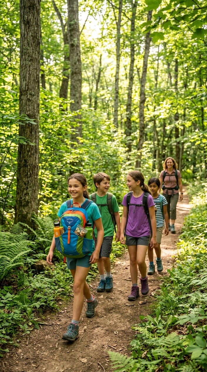 A group of children walking single file on a shaded forest trail, the leader carrying a worn green backpack, dappled sunlight coming through the tree canopy above them.