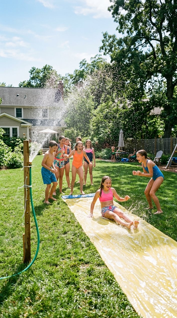 Kids in swimsuits sliding across a wet blue tarp in a sunlit backyard, arms stretched out and mouths open, water spraying in arcs above them from a homemade hose sprinkler.