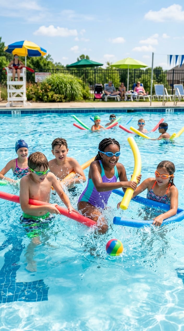 Children in a backyard pool holding foam pool noodles aloft, faces splashed with water, laughing mid-game on a bright sunny afternoon.