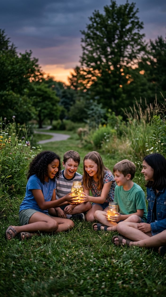 Two children sitting in dewy grass at dusk, each holding a wide-mouth mason jar with punched lid, soft yellow-green firefly light glowing from inside the jars.