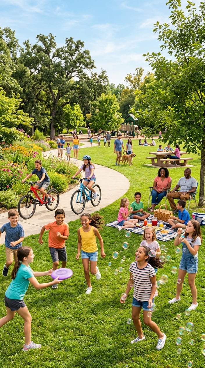 A multigenerational family spread across a sunny backyard, kids kicking a ball near a picnic table where adults sit with drinks and an open Bible resting on the corner.