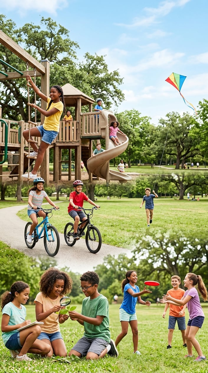 A group of children exploring a sunny park on their own, one riding a bike, two climbing a low tree, one flying a kite with a long string trailing behind it.