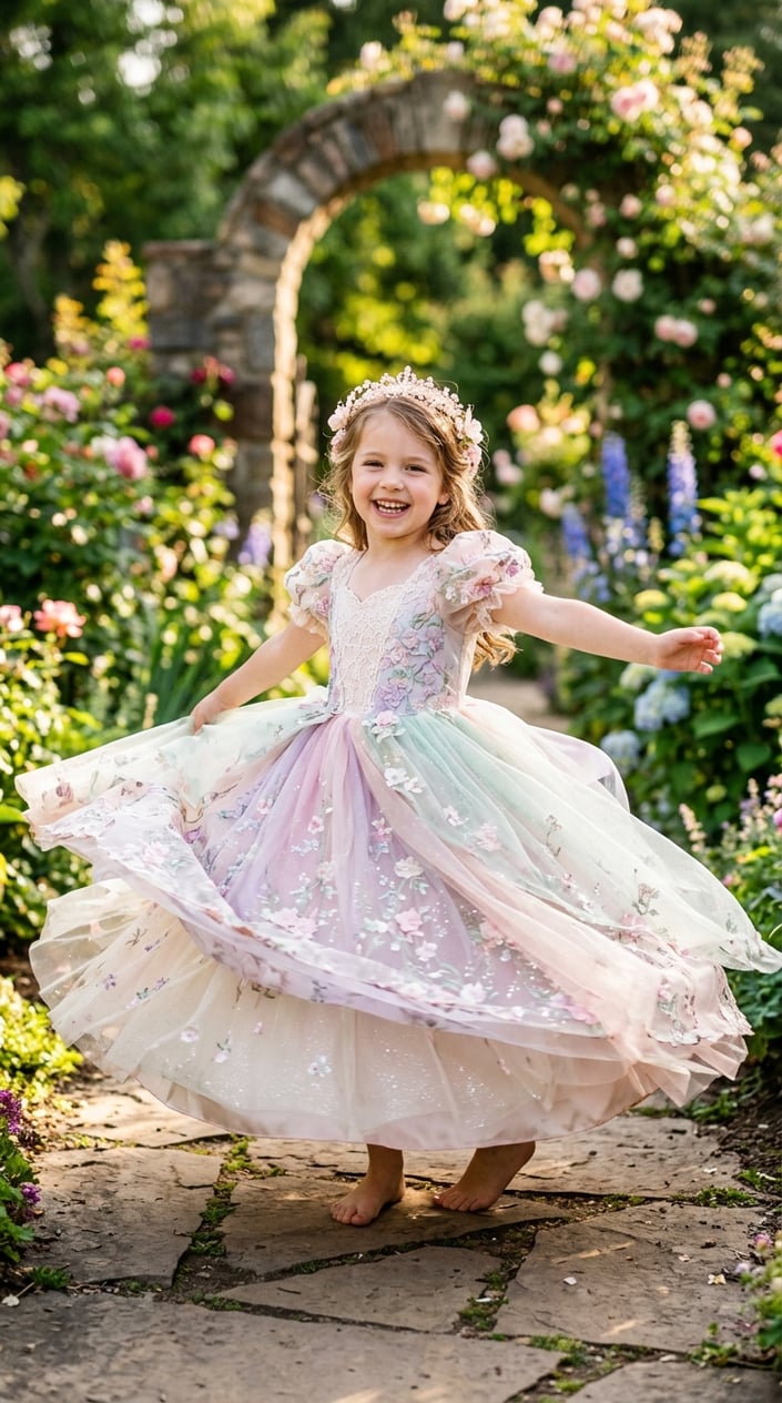 A young girl twirling in a flowing princess dress outdoors in a garden with flowers.