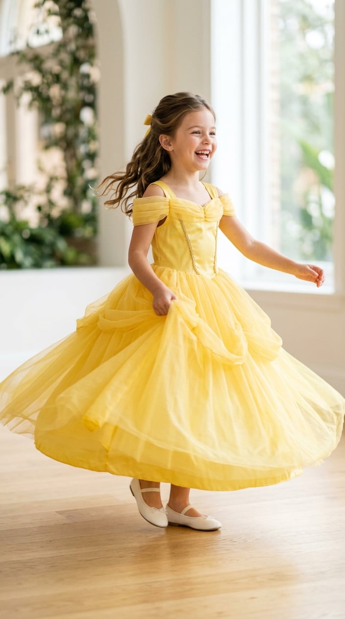 A young girl twirling in a yellow princess dress with a flowing tulle skirt in a bright, simple setting.