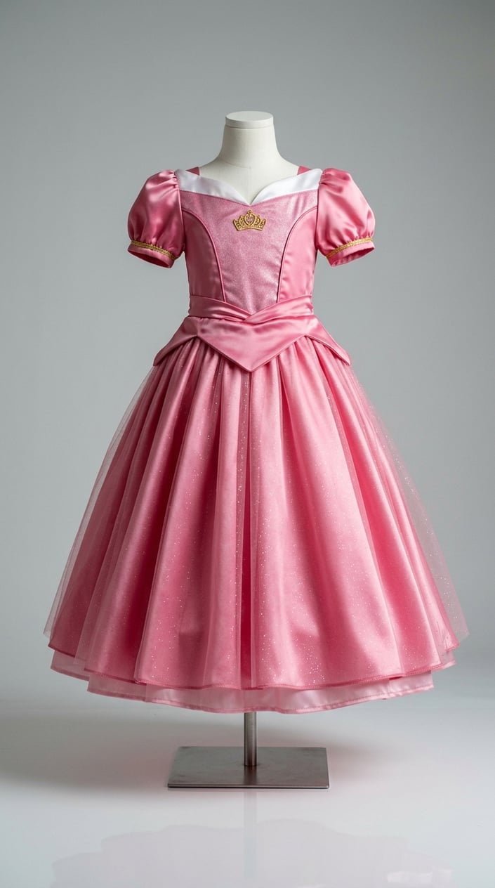 A pink princess dress with puffed sleeves and a flowing skirt displayed on a white mannequin against a plain background.