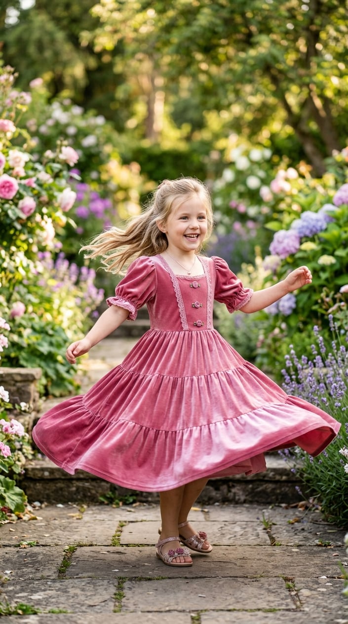A young girl twirling outdoors wearing a rose-colored princess dress with puffed sleeves, surrounded by greenery and flowers.
