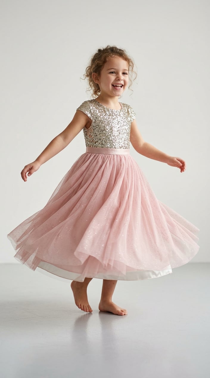 A young girl twirling in a sparkly princess dress with a sequin top and flowing skirt in a bright studio.