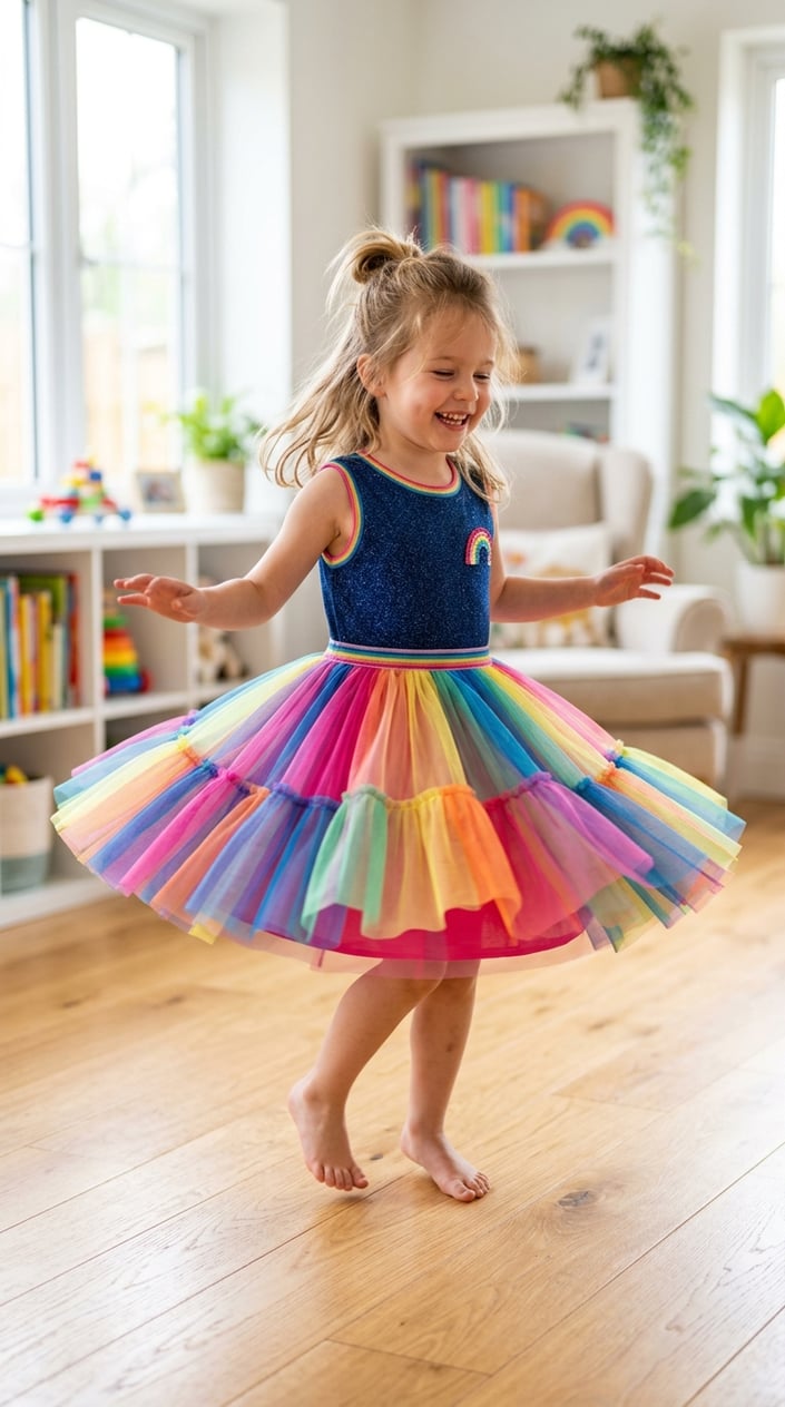 A young girl twirling happily in a colorful tutu dress in a bright room.