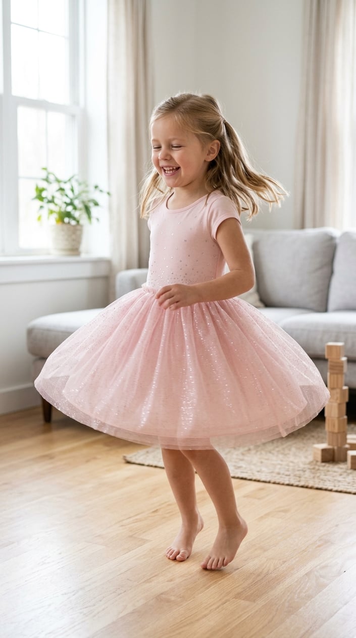 A young girl twirling happily in a glittery princess dress with a soft bodice in a bright room.