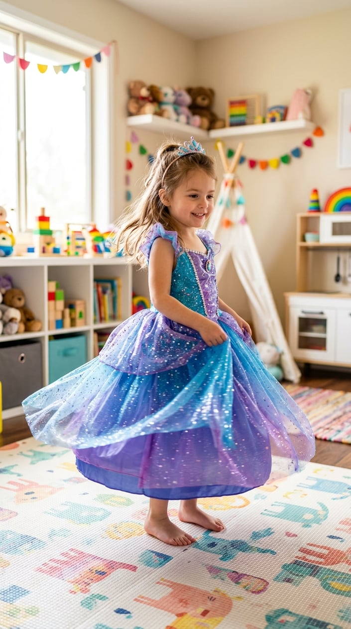 A young child twirling happily in a sparkling princess dress with a tiara in a bright playroom.