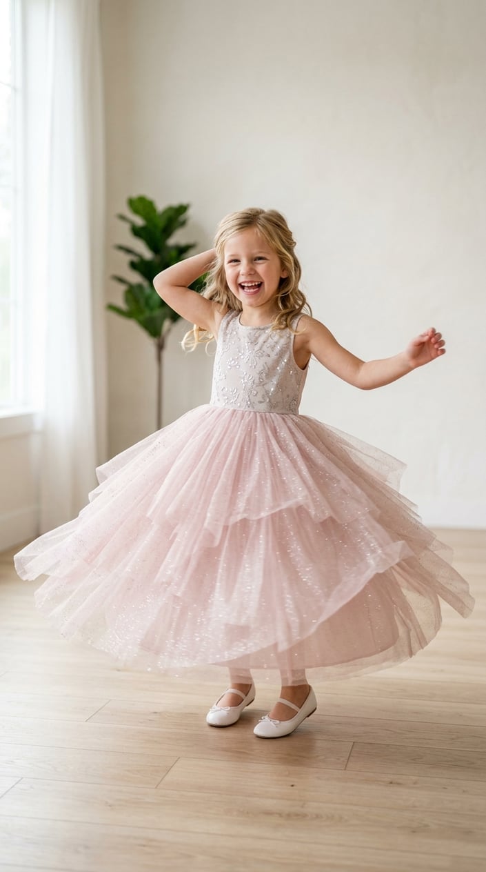 A young girl twirling in a sparkly tulle gown in a bright room.