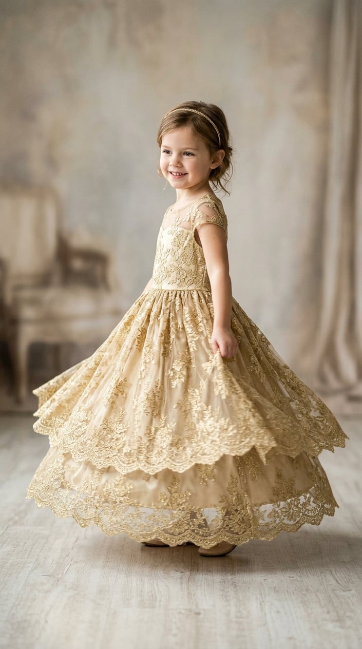 A young girl wearing a gold lace princess dress twirling with a joyful expression in a softly lit studio.