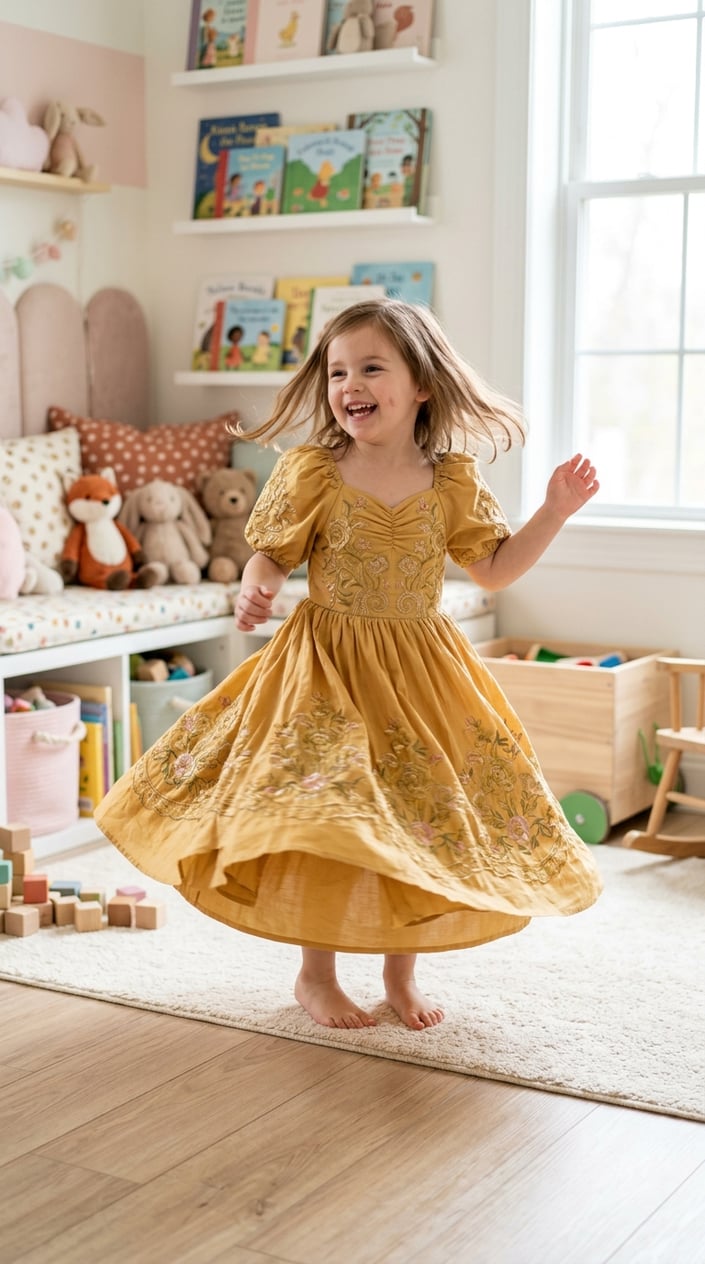 A young child twirling happily in a golden yellow princess dress with floral embroidery in a bright playroom.