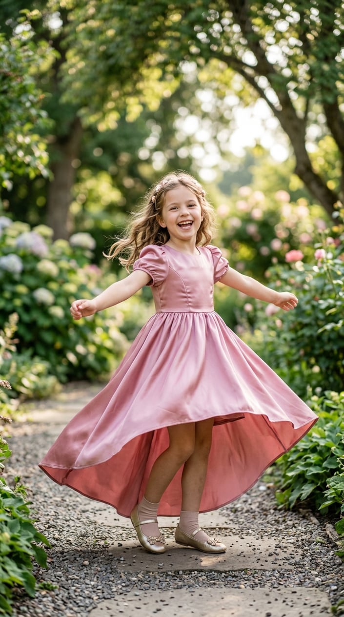 A young girl twirling outdoors wearing a satin high-low princess dress with a flowing skirt.