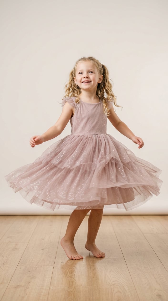 A young girl twirling in a glittery tulle party dress with layers of soft fabric, smiling as the dress flows around her.
